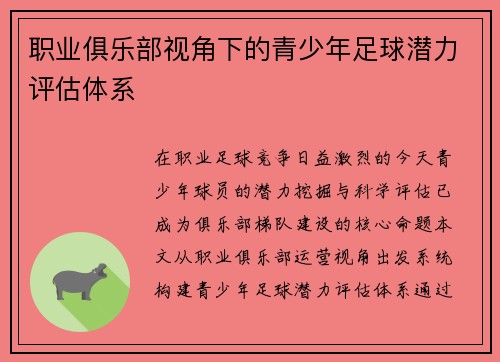 职业俱乐部视角下的青少年足球潜力评估体系