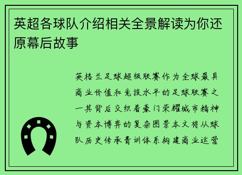 英超各球队介绍相关全景解读为你还原幕后故事