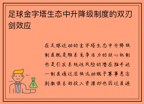 足球金字塔生态中升降级制度的双刃剑效应