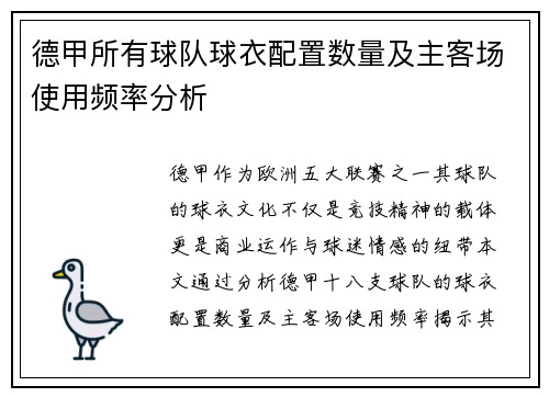 德甲所有球队球衣配置数量及主客场使用频率分析