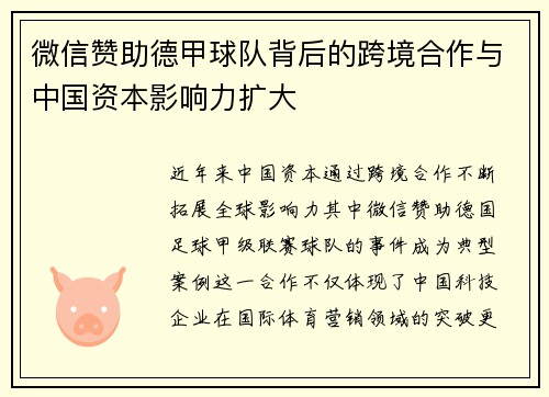 微信赞助德甲球队背后的跨境合作与中国资本影响力扩大